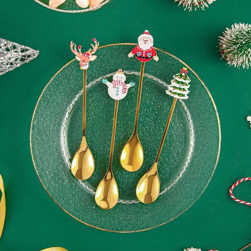 4PCS Christmas Cutlery Coffee Stirring Spoon 304 Stainless Steel Gold Cutlery Santa Dessert Spoon Christmas Gift Kitchenware