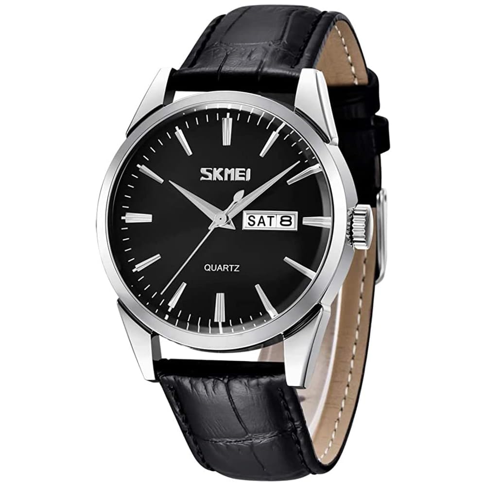 Men s Classic Black Leather Strap Watch Waterproof Quartz Analog Casual Lightweight Date Day Display