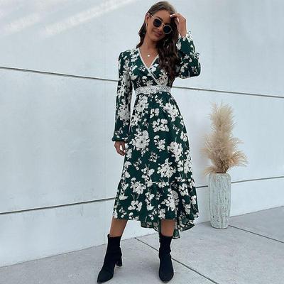 Women's Spring V Neck Ruffle Long Sleeve Printed Irregular Print Floral Dress
