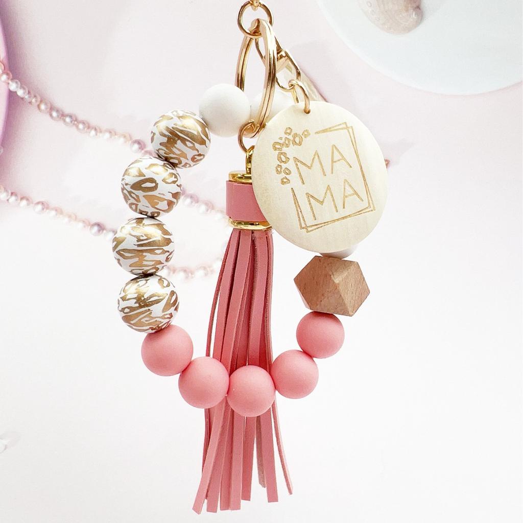 Tassel Silicone & Wood Bead Keychain - MAMA Wood Slice Bag Charm Bracelet