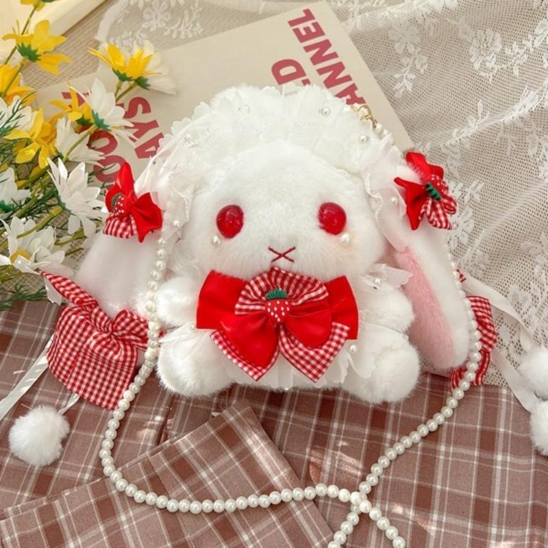 Lolita niedliche Schleife Hasentasche große Ohren haariger Kordelzugbeutel süße Schwester Perlenkette Umhängetasche