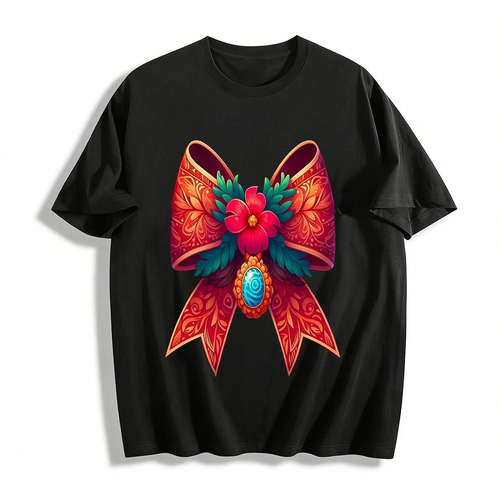 Ethnic Pattern Bow Print Casual Top Pure cotton T-shirt XXS