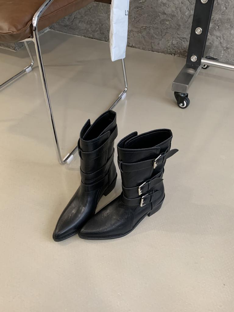 2025 New Retro Pointed Western Cowboy Boots Women's Autumn Thick Heel Short Tube Thin Martin Boots Women