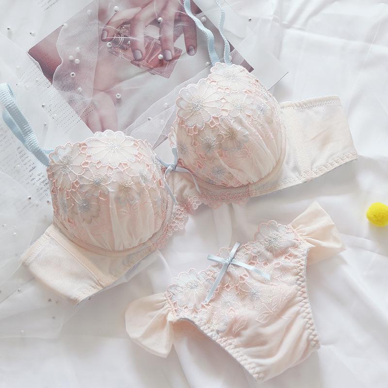 No Steel Rim Japanese Gathering Girl Bra Sweet and Cute Mesh Embroidery Breathable Thin Women's Underwear Bra