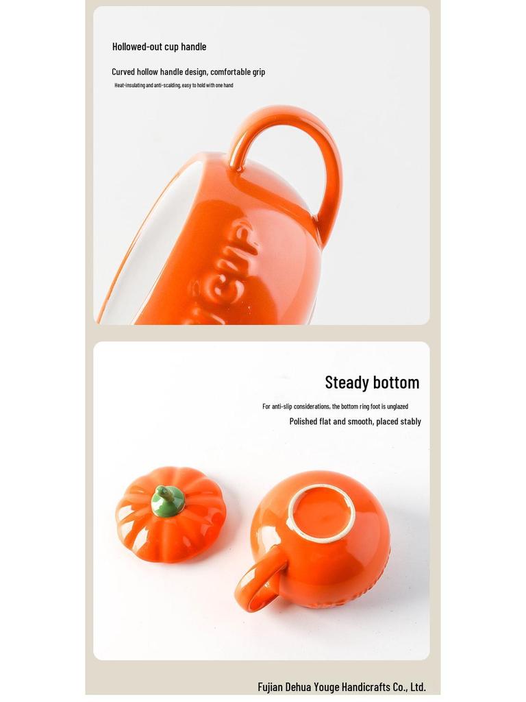 Chic Pumpkin Ceramic Mug with Lid & Spoon - Trendy, High-Value Breakfast Cup for Women