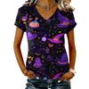 Women's V-Neck Short Sleeve Casual Pullover T-Shirt with Halloween Print