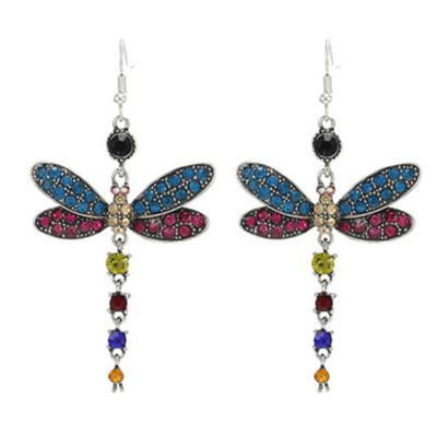 Ofertas New Hot Sale Fashion Retro Ethnic Style White Zirconia Multicolor Tassel Dragonfly Animal Earrings for Women