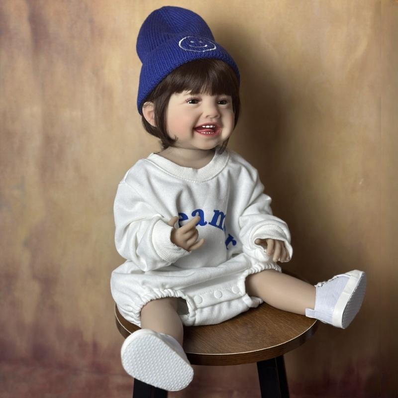 Păpușă renăscută Mila de 55 cm, finisată moale, complet din silicon, lavabilă, păpușă nou-născută drăguță, zâmbet fericit, simulare, păpuși pentru copii, jucării pentru casă de joacă