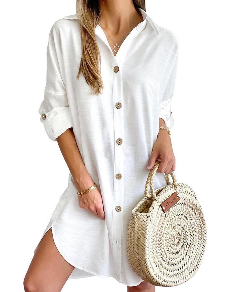 Solid Color Button Front Shirt Dress Casual Long Sleeve Lapel Dress for Spring & Fall Women's Clothing