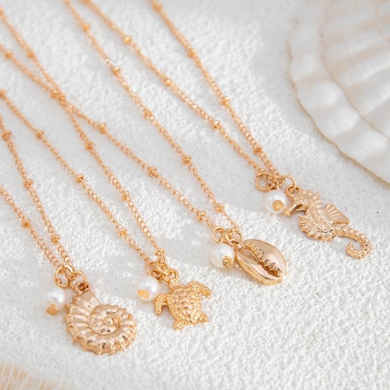 AE Set Summer Necklace for Layering Styling Pendant Shell Tortoise Seahorse Neck Chain Iron Alloy Jewelry Gift Pcs