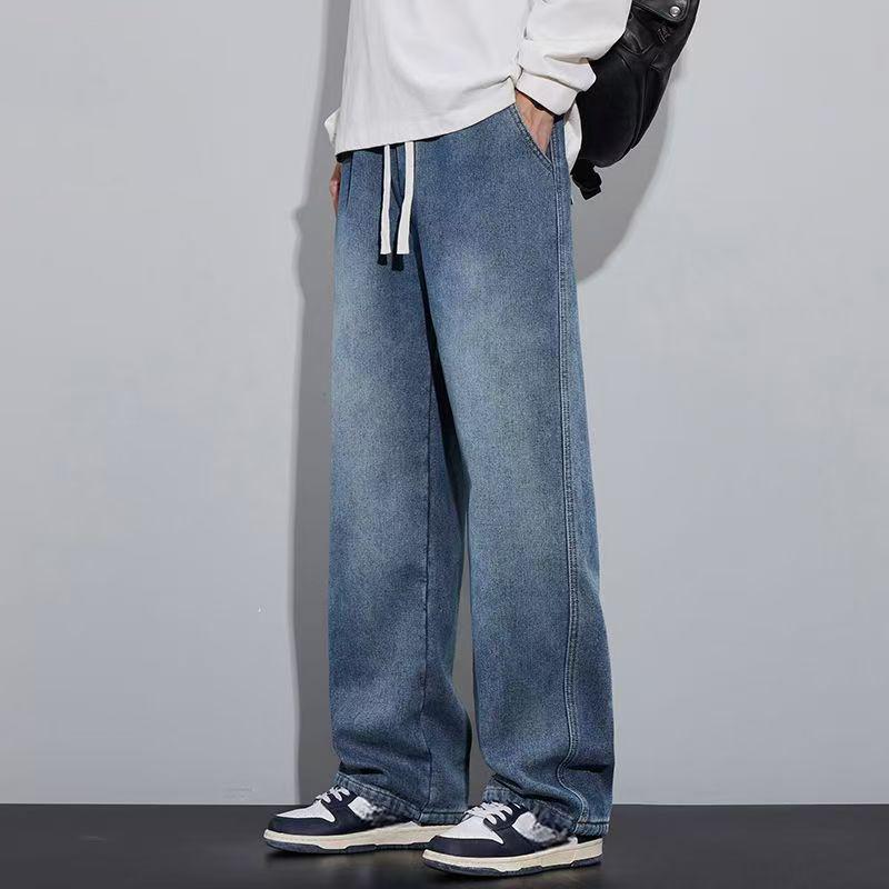 

2026 New American Retro Men s Jeans, Trendy Drawstring Wide-Leg Pants, Casual Loose Straight-Leg Long Trousers for Men 3XL темно-синього кольору