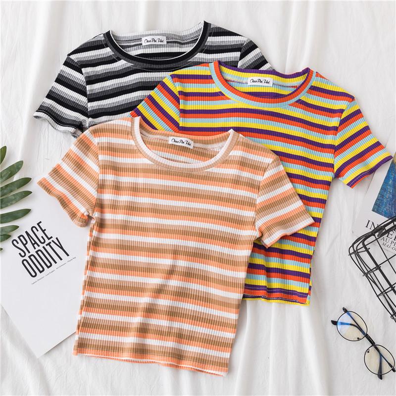 Women's Rainbow Striped Cropped Short Sleeve Top, Hyuna Style, Tight Fit, High Waist, Belly Button Show