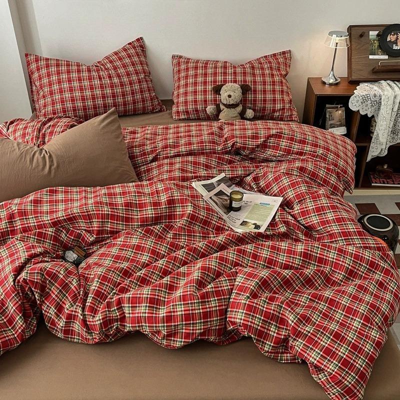Christmas Style 3/4pcs Simple Plaid Bedding Set Skin-friendly Breathable Quilt Cover Machine Washable Home Bedroom Guest Room