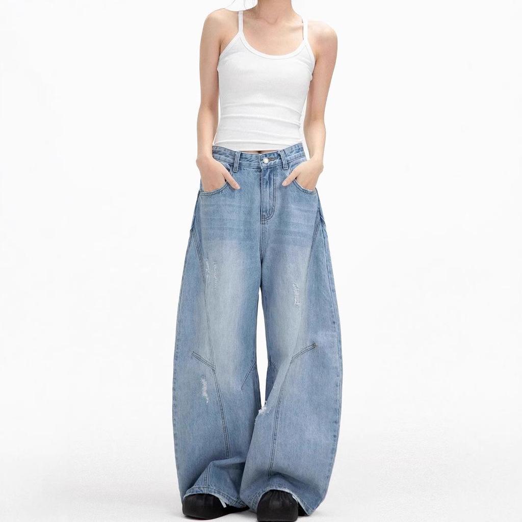 2025 American Retro Women's Ripped Wide-Leg Jeans
