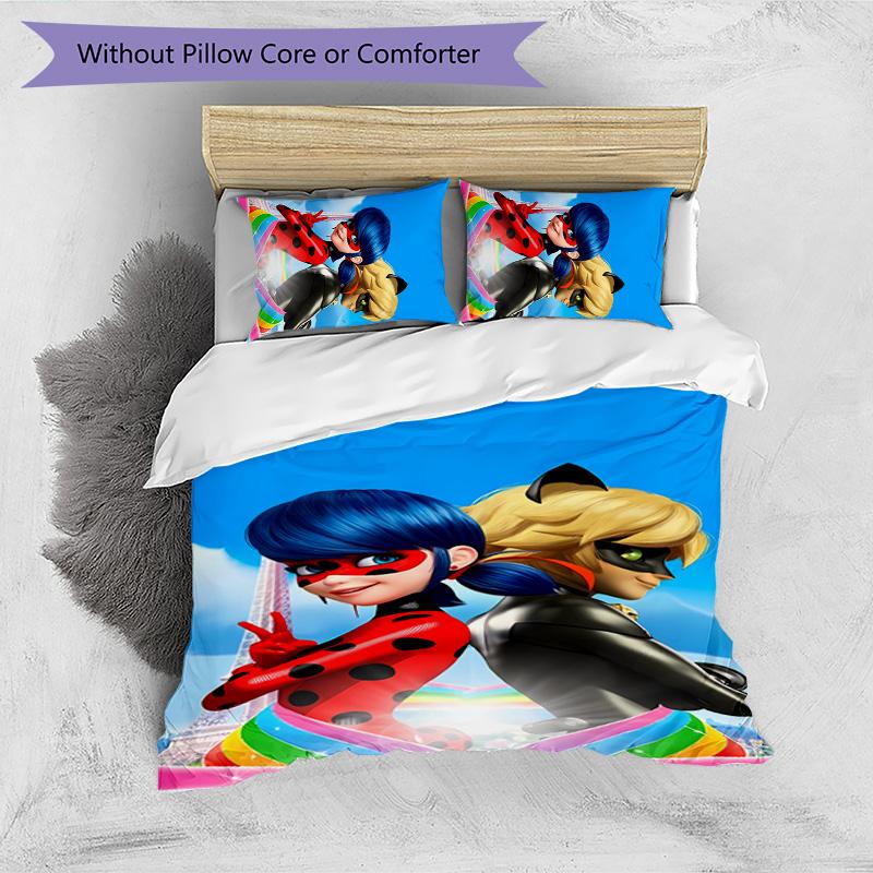 Miraculous Ladybug Cartone Animato Stampato Set Biancheria da Letto 3 Pezzi Copripiumino Morbido Traspirante Federe Set Lavabile Decorazione Camera da Letto Regalo per la Casa