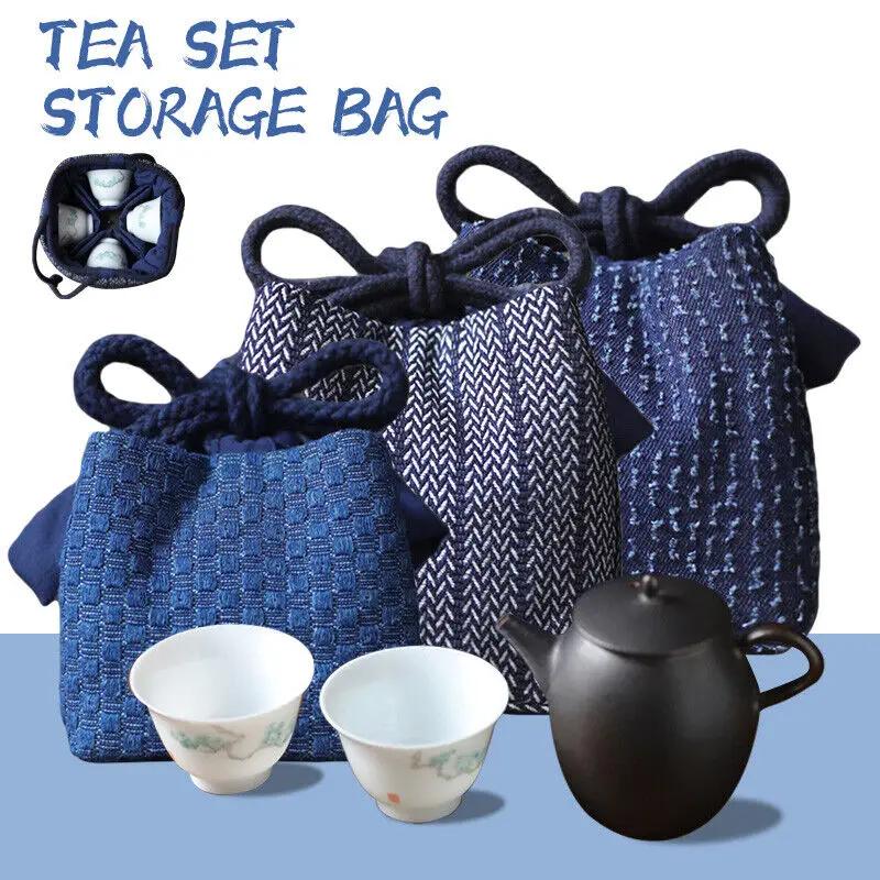 Teacup Bag Portable Travel Tea Set Storage Bag Tea Pots Four Or Six Cups Large Cloth Bag Outdoor Organizer Denim Organizer