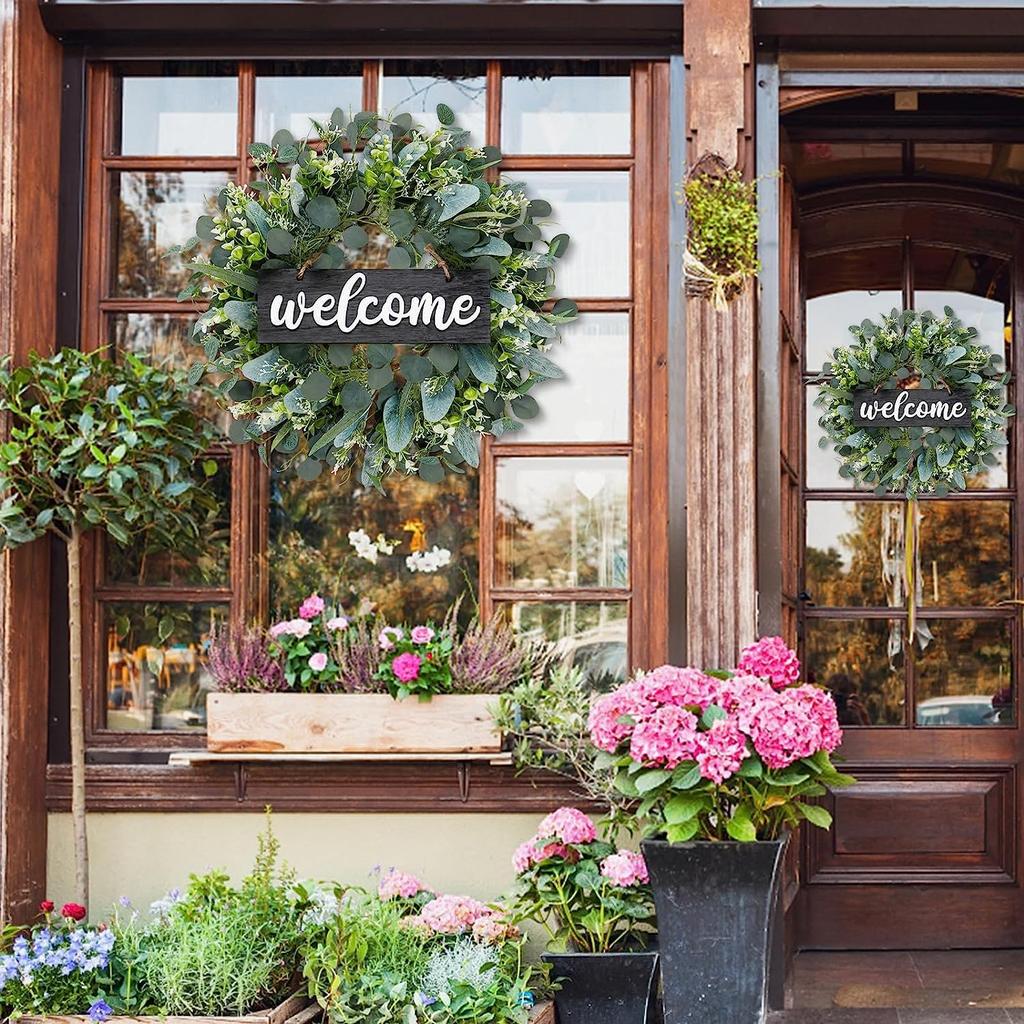 Dremisland Green Eucalyptus Wreath with Welcome Sign 22in Spring Summer Artificial Eucalyptus Wreath for Front Door Polytype Leaves Wreath for Wall
