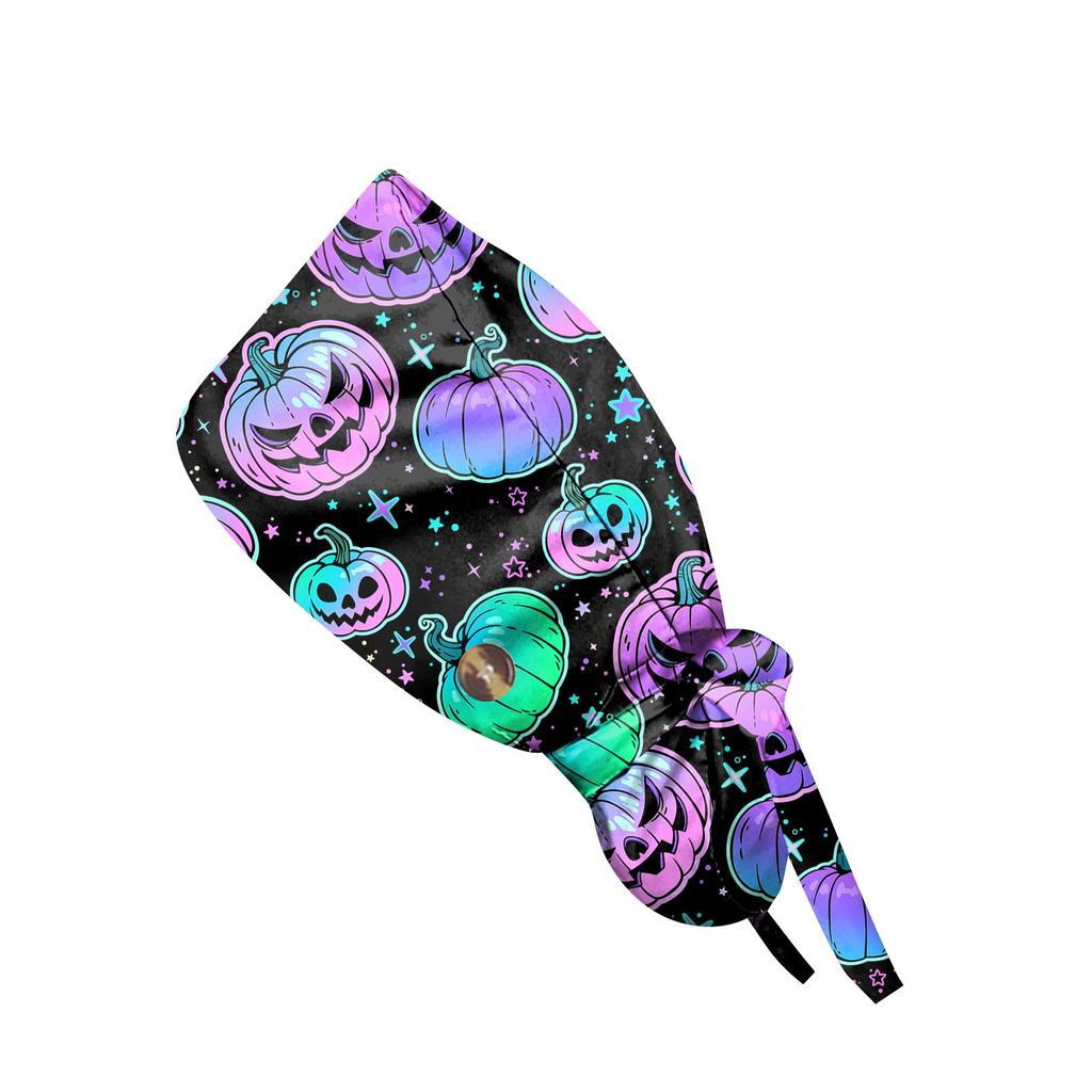 Halloween Print Medical Scrub Cap Nurse Surgical Hat 100% Cotton Tieback Straps Hospital Veterinary Doctor Dentist Skullcap
