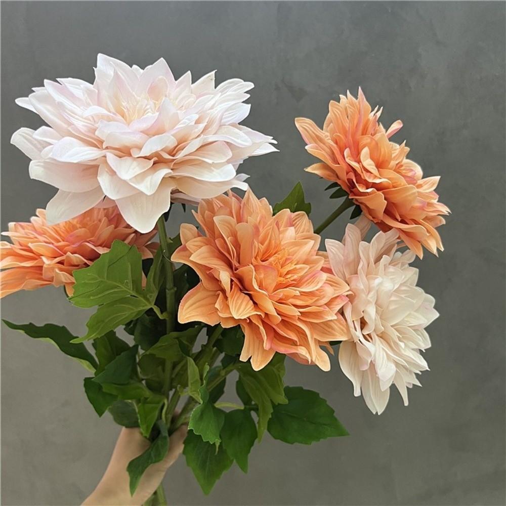 61CM Artificial Dahlia Flowers Green Leaves Simulation Dahlias Branch  Hotel Wedding Decoration