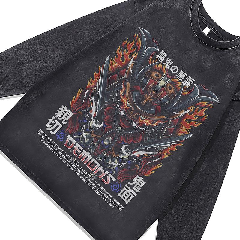 American Retro Heavy Cotton Long-Sleeved T-Shirt Men'S And Women'S Ukiyo-E Direct Injection Printing Washed Vintage Base T-Shirt