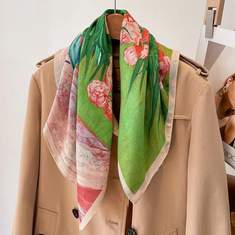 130cm Silk Square Scarf Women Large Shawls Matching Flowers Design Square Bandana Luxury Kerchief Scarf Female Foulards