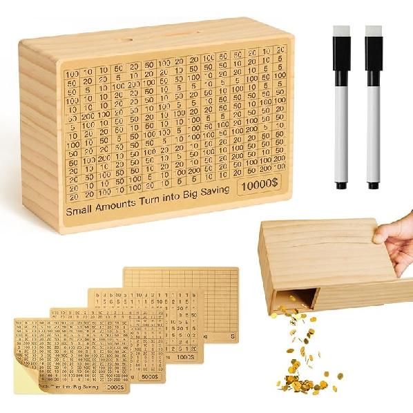 Bemaystar Money-Saving-Box: Natural Wood Savings Box, Large Savings Challenge Box with 8 Pre-Printed Targets and 2 Blank Targets $500 to $10000, Wood Money Box