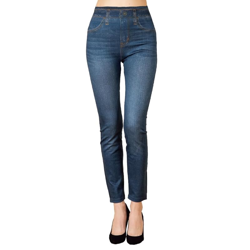 

[Beautiful women s warm-up habits] Fleece lining denim print leggings Cold protection stretch pocket hip up beautiful legs