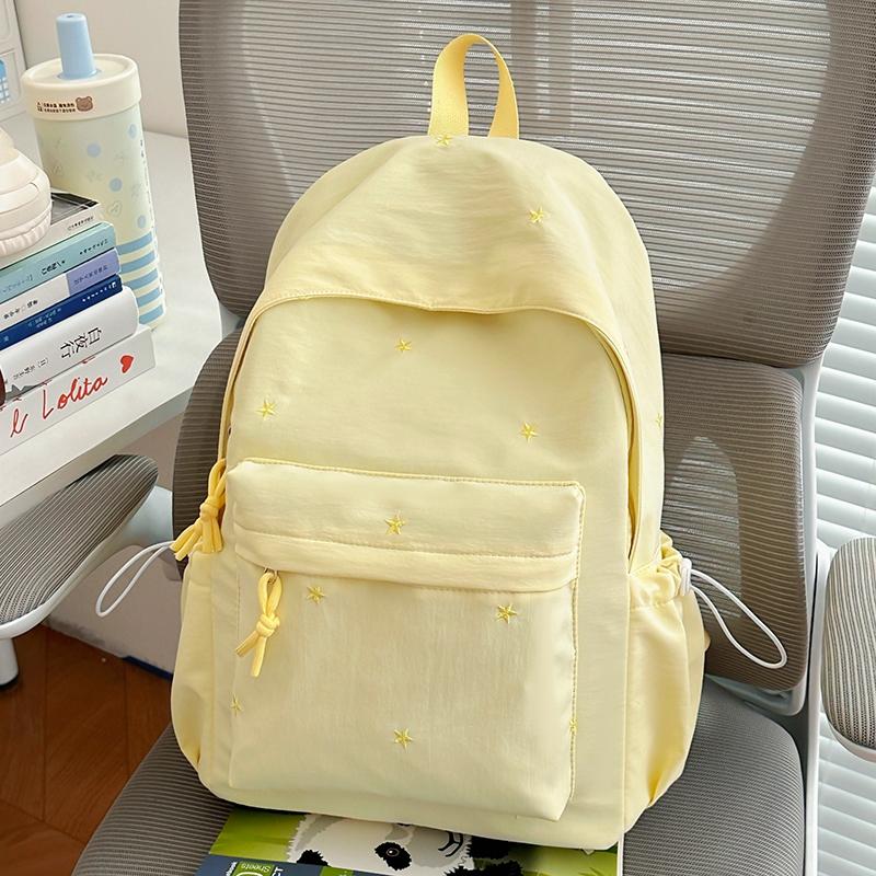 Solid Color Embroidered Student Schoolbag Campus Lightweight Class Backpack