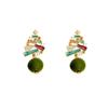 Hand-Painted Christmas Tree Zircon Flocking Pompon Earrings - 925 Silver Needle