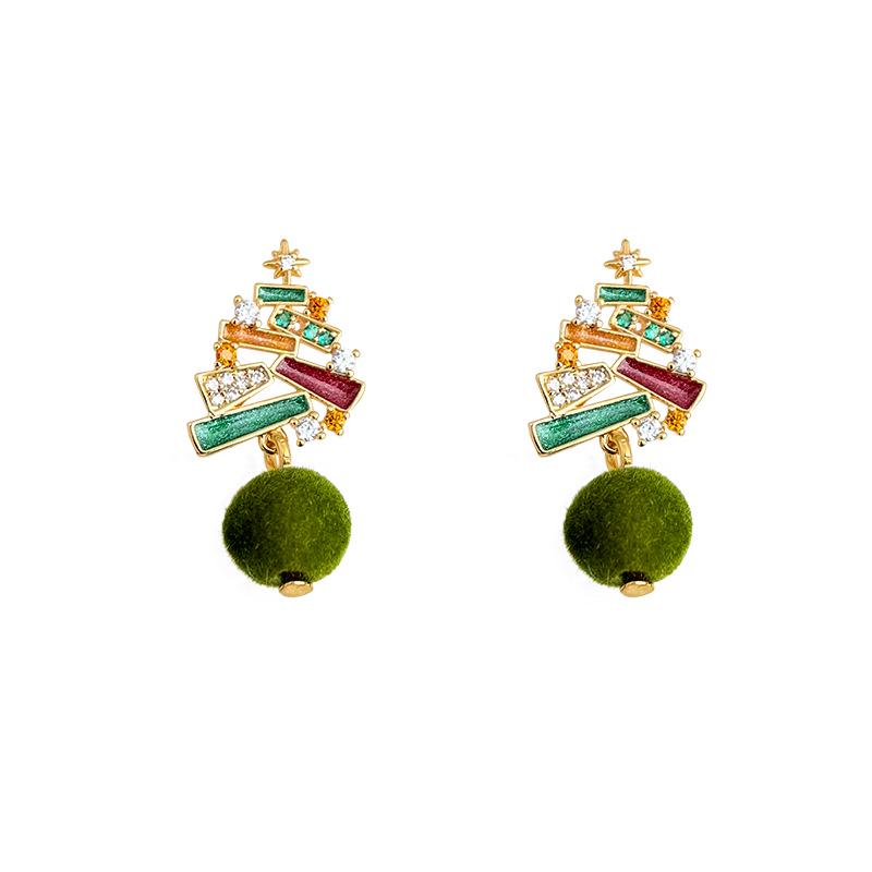 Hand-Painted Christmas Tree Zircon Flocking Pompon Earrings - 925 Silver Needle