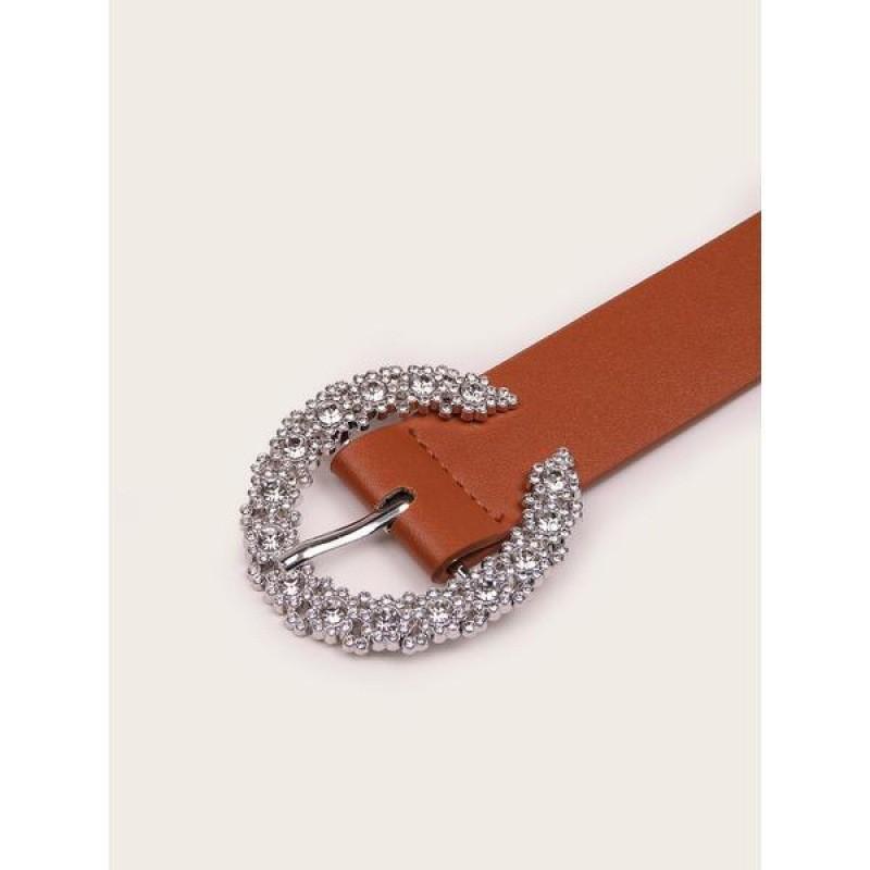 Stylish Black And Brown Rhinestone Buckle Pu Belt For Women Fashion Accessory