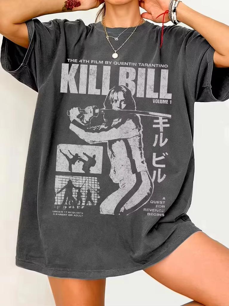 T-shirt Film d'horreur Kill Bill Vintage Tee Hommes Coton Lavé Surdimensionné T-shirts Décontractés Harajuku Streetwear Unisexe