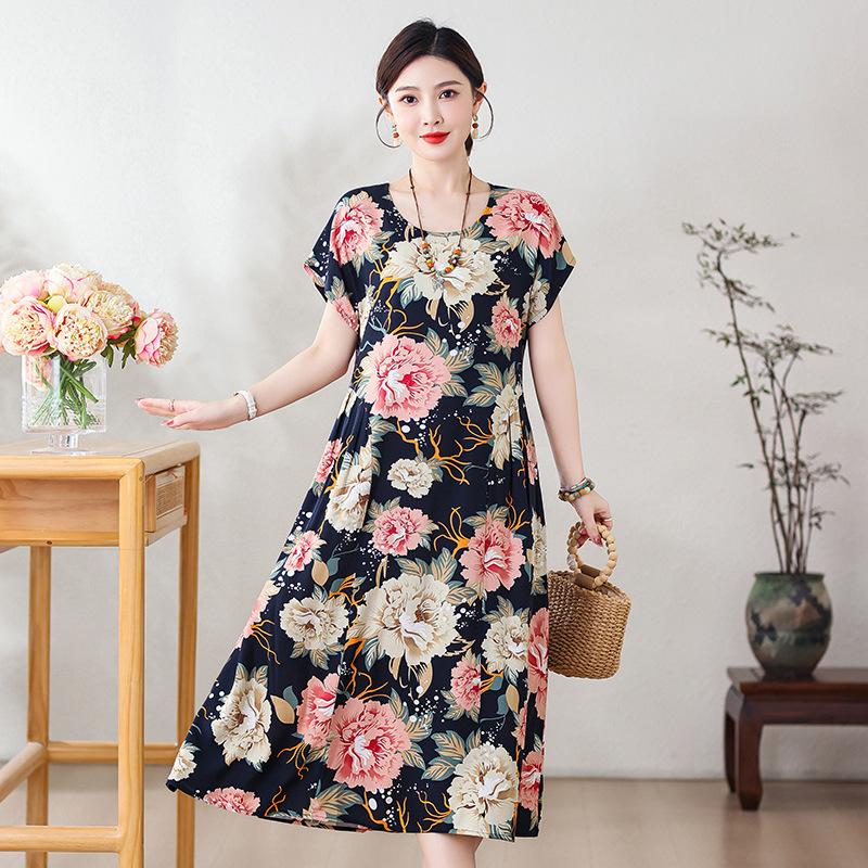 New cotton and silk dress summer large size loose fat mother covering belly and looking thin casual floral long skirt