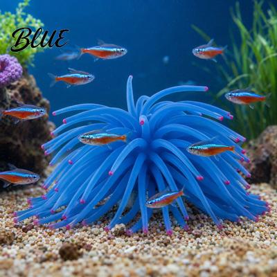 Fish Tank Ornament Silicone Sea Anemone, Realistic Blue Actinian, Stable Decoration Ornament, Flexible Actinia Accessory for Seawater Aquarium Safe