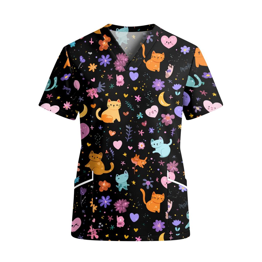 Women's V-Neck Short Sleeve Scrub Top with Pockets, Print Work Shirt, Lightweight Uniform Tunic for