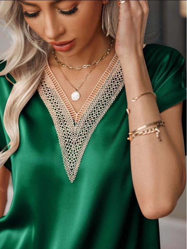 2026 Elegant Lace V-neck Solid Color Short Sleeve Women's T-shirt