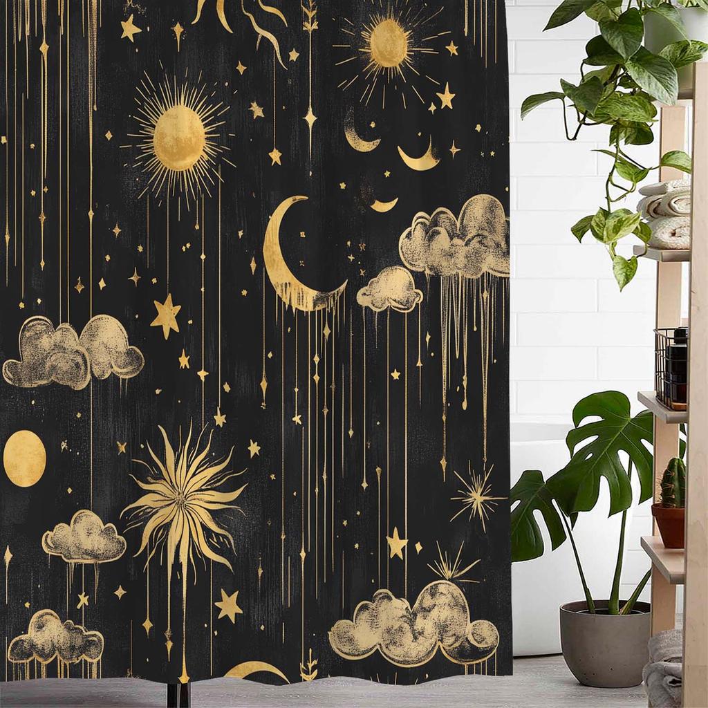 Moon and Sun Cloud Shower Curtain - Vintage Artistic Design, Polyester, 12 Hooks, Machine Washable