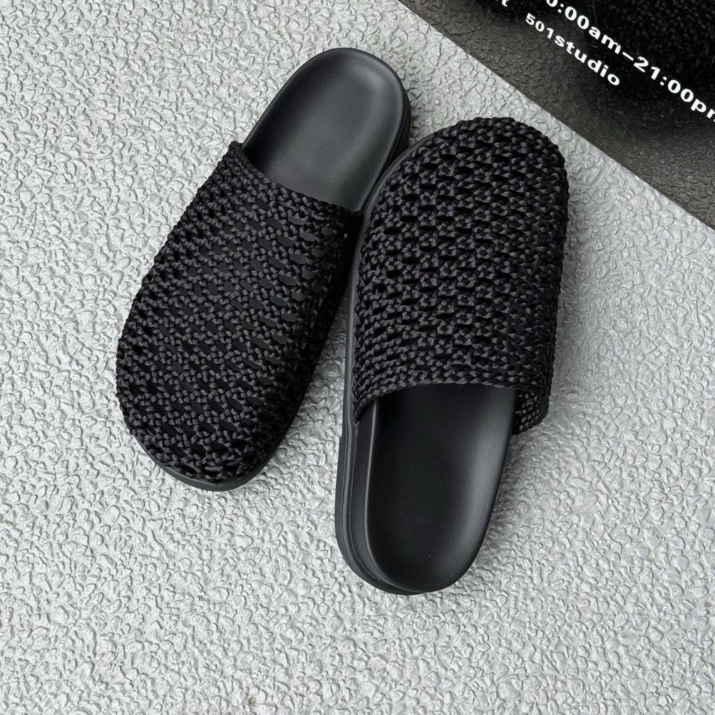 2025 New Leather Hand-woven Retro Bag Head Slippers Wear Thick Bottom Hollow One Pedal Lazy Sandals Woman