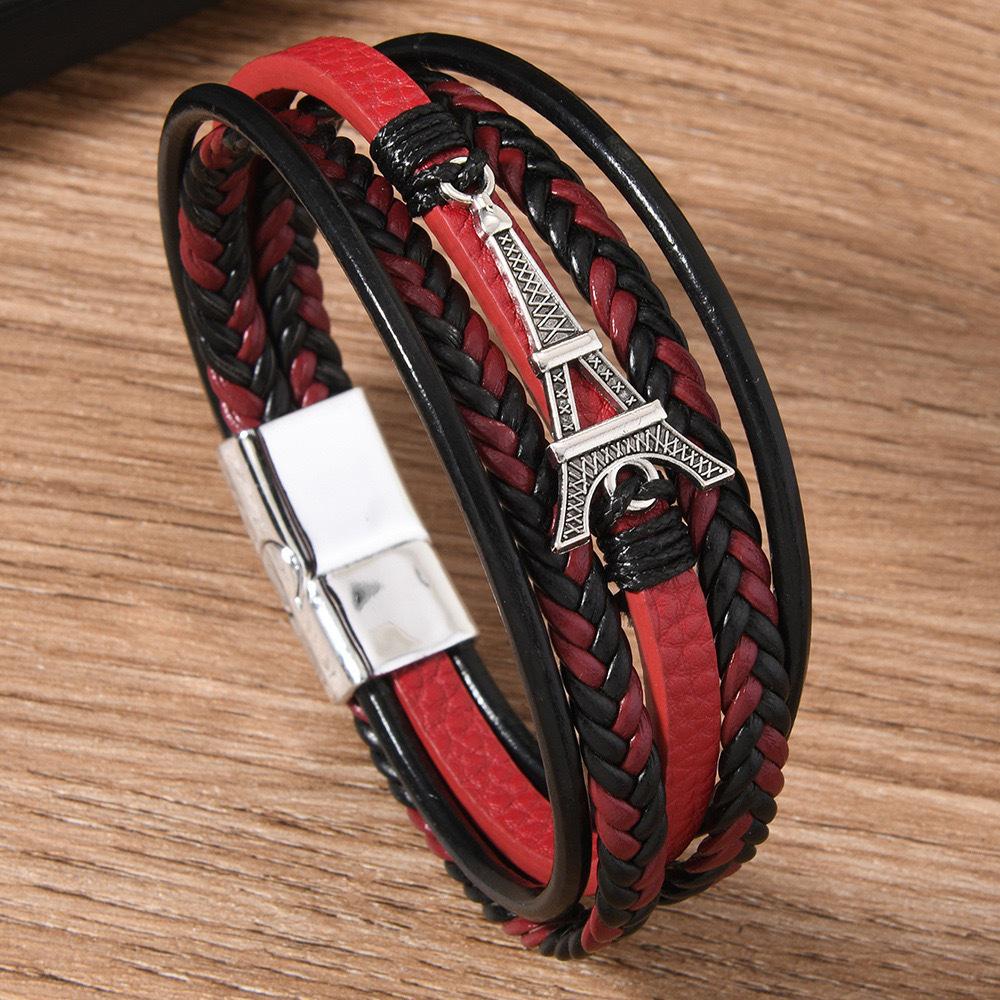 Винтажный многослойный кожаный мужской браслет «Эйфелева башня»