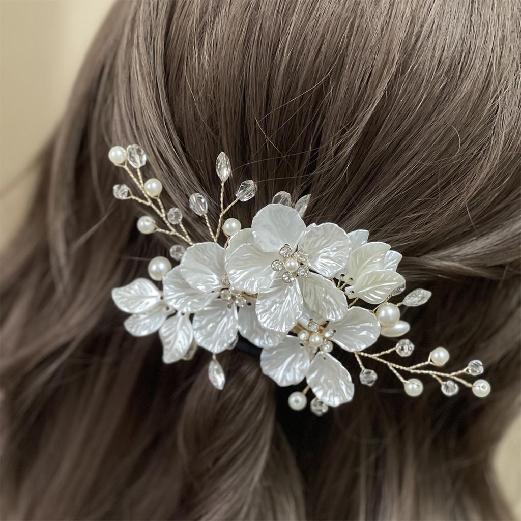 Pinza para el pelo floral de perlas con diseño de concha y detalles de cristal para peinados elegantes, accesorios para ocasiones especiales y uso diario