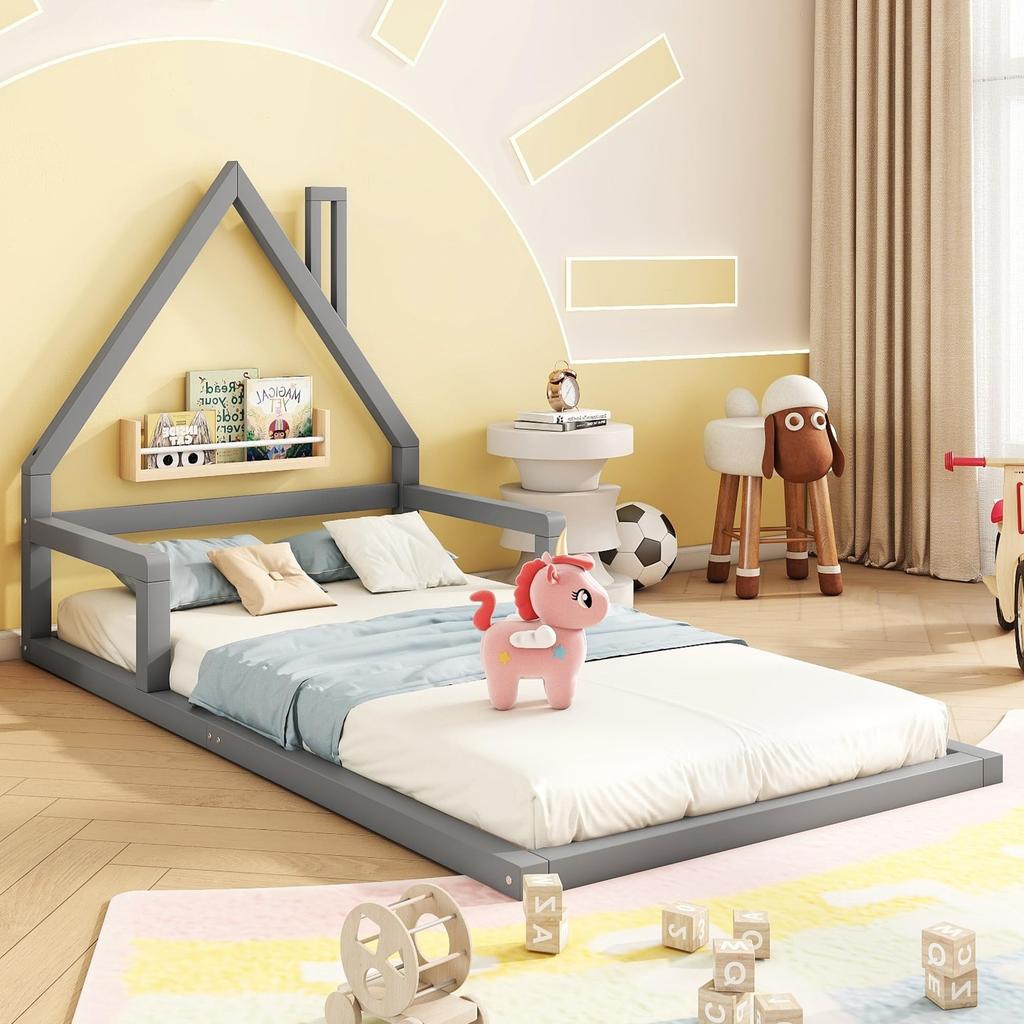 Kinderbett 90x200cm, Lattenrost, Kiefernholz+MDF, Hausform, minimalistisches Styling, Erwachsene/Jugend, Ohne Matratze