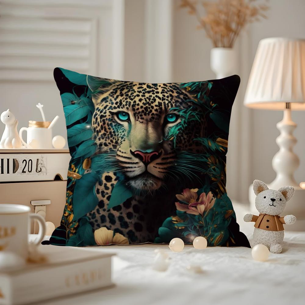Uropäische Mode Leopard mit Kranz Tiere Porträt Malerei Kissenbezug Hausstaubmilbenabweisender Kissenbezug Verdeckter Reißverschluss Seidiger Shor