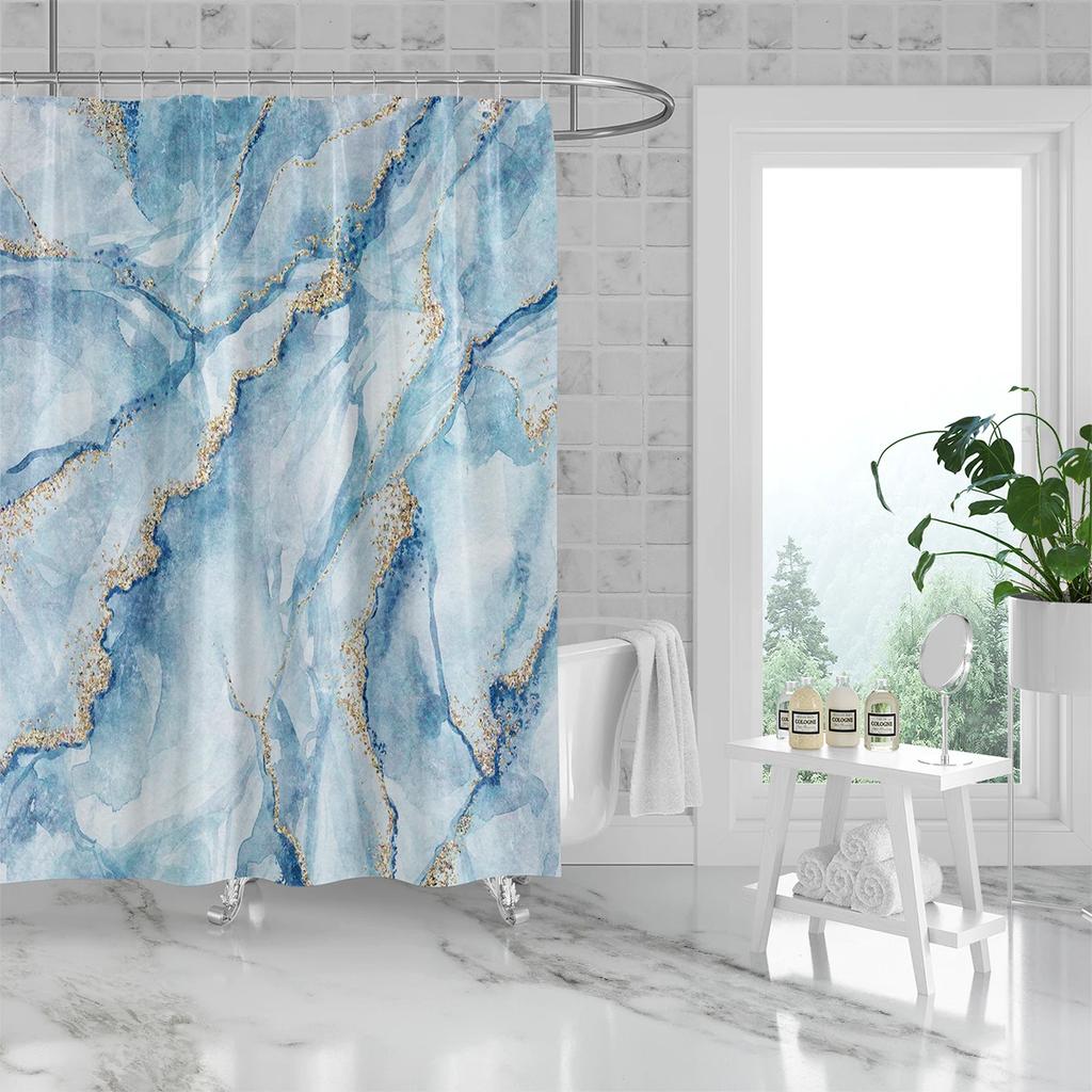 1 Piece Of 180X180Cm Blue Marble Pattern Digital Printing Shower Curtain Partition Bathroom Waterproof And Mold Resistant