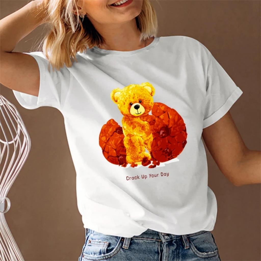 Women's T-Shirt Short Sleeve Round Neck Summer Graphic Tee Trendy Bear Print Fast Ship