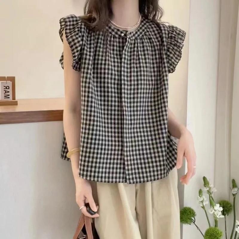 Women's Black & White Gingham Check Ruffle Cap Sleeve Blouse Loose Casual Top