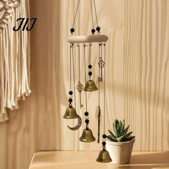 Crescent Moon Star Wall Art Witch Bell Wind Chime with Keys, Vintage Outside Hanging Chime, Small Metal Pendant Handmade Decorative for Patio,