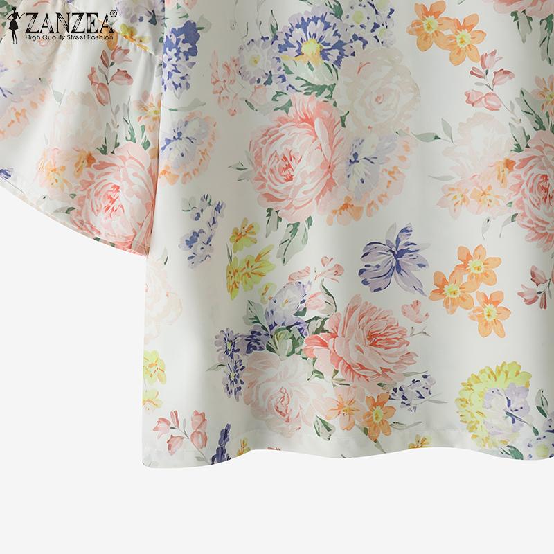ZANZEA Women Casual Round Neck 3/4 Sleeve Loose Floral Blouse