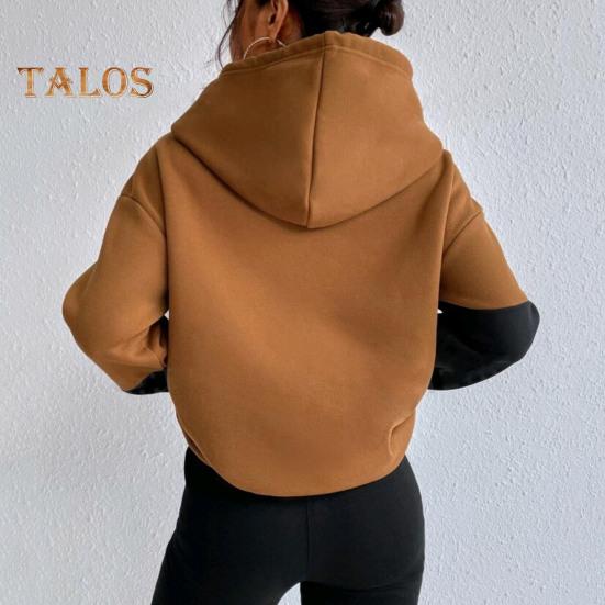 Damska bluza z kapturem na jesień i zimę, z kolorowym blokiem, ściągaczem, długimi rękawami, elastycznymi mankietami i obszyciem oraz dużą kieszenią, gruba sportowa bluzka fitness