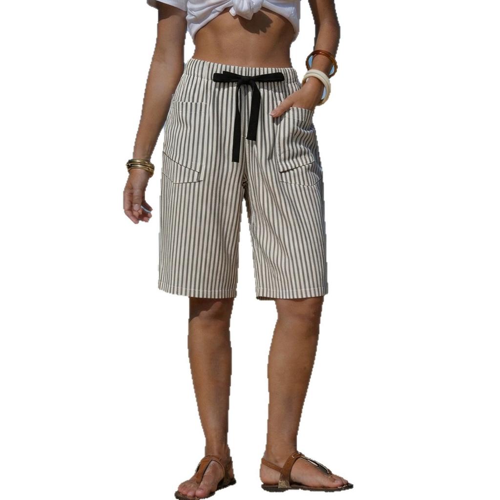 Damen Shorts aus Imitation Leinen mit Streifen, Lässige Sommer-Strandshorts mit Gürtel und Taschen