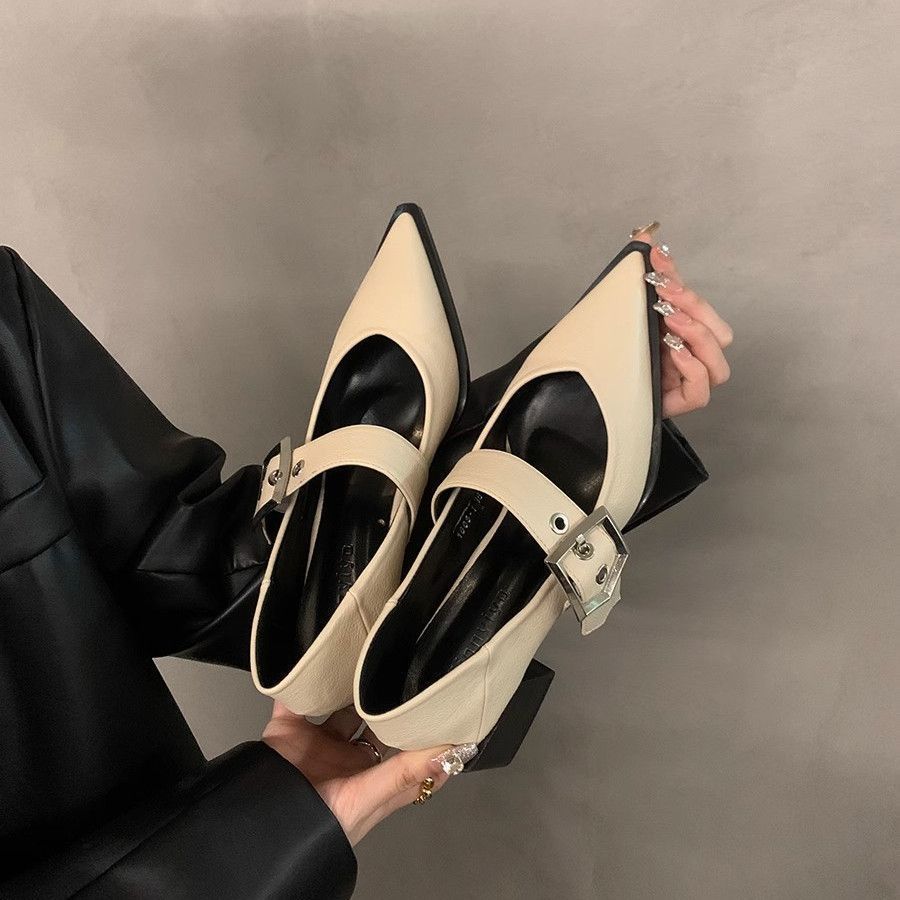 British Style Retro Pointed Mary Jane Small Leather Shoes Women's 2025 Spring and Autumn New Korean Version Thick Heel Shoes Loafer Single Shoes